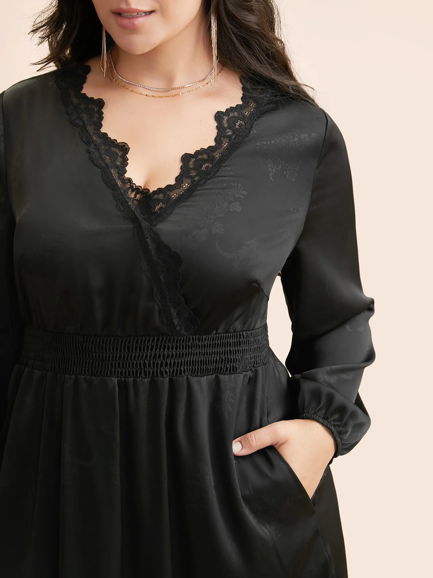 Overlap Collar Textured Shirred Lace Trim Dress sold by Bloomchic product image thumbnail 2