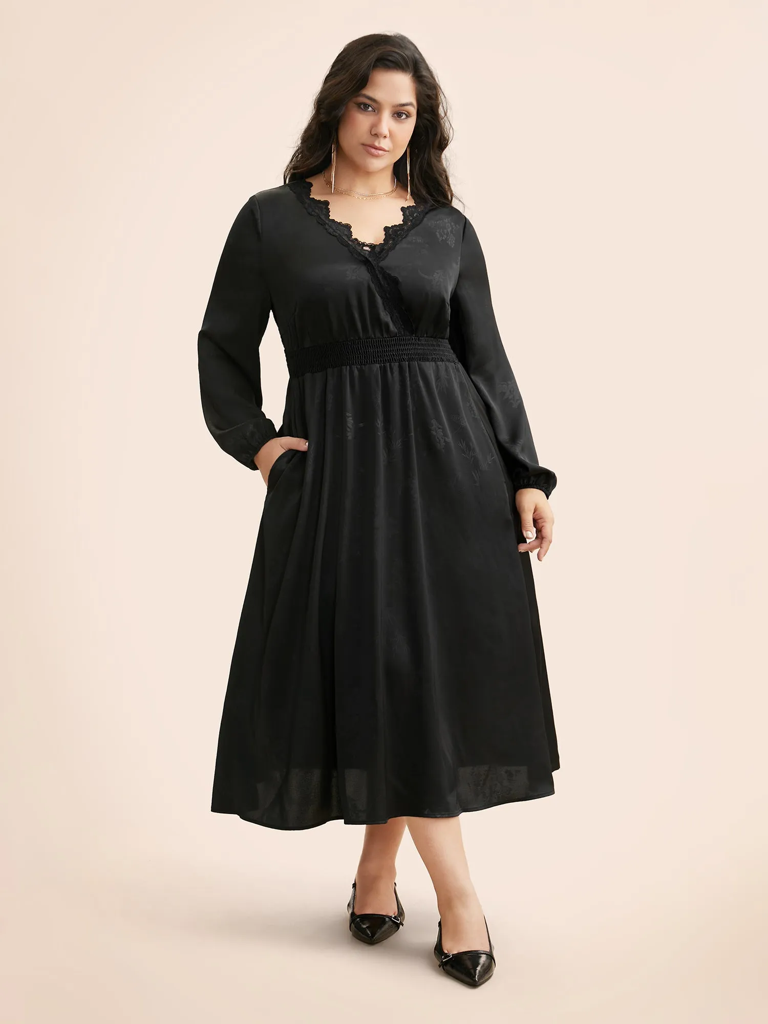 Overlap Collar Textured Shirred Lace Trim Dress sold by Bloomchic