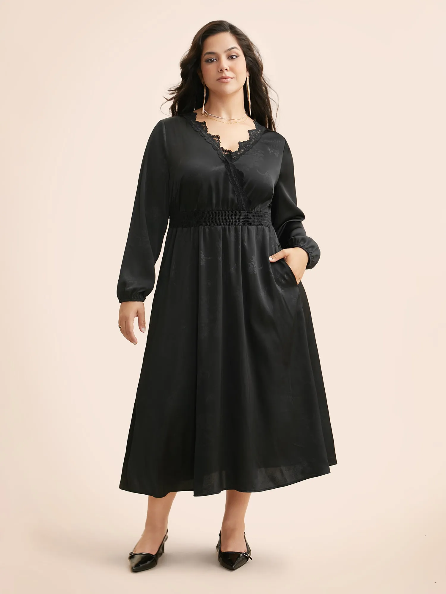 Overlap Collar Textured Shirred Lace Trim Dress sold by Bloomchic product image thumbnail 3