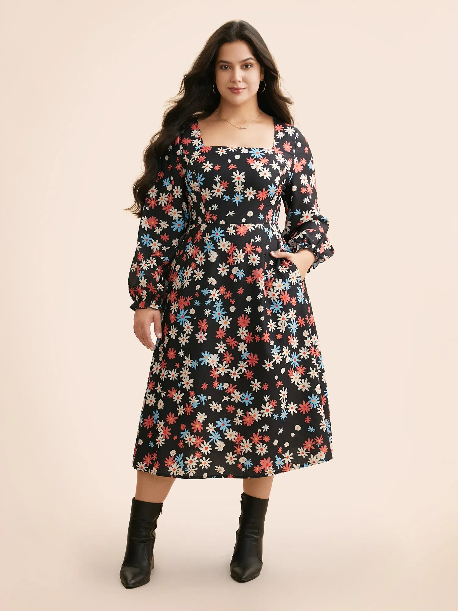 Floral Square Neck Lantern Sleeve Dress sold by Bloomchic