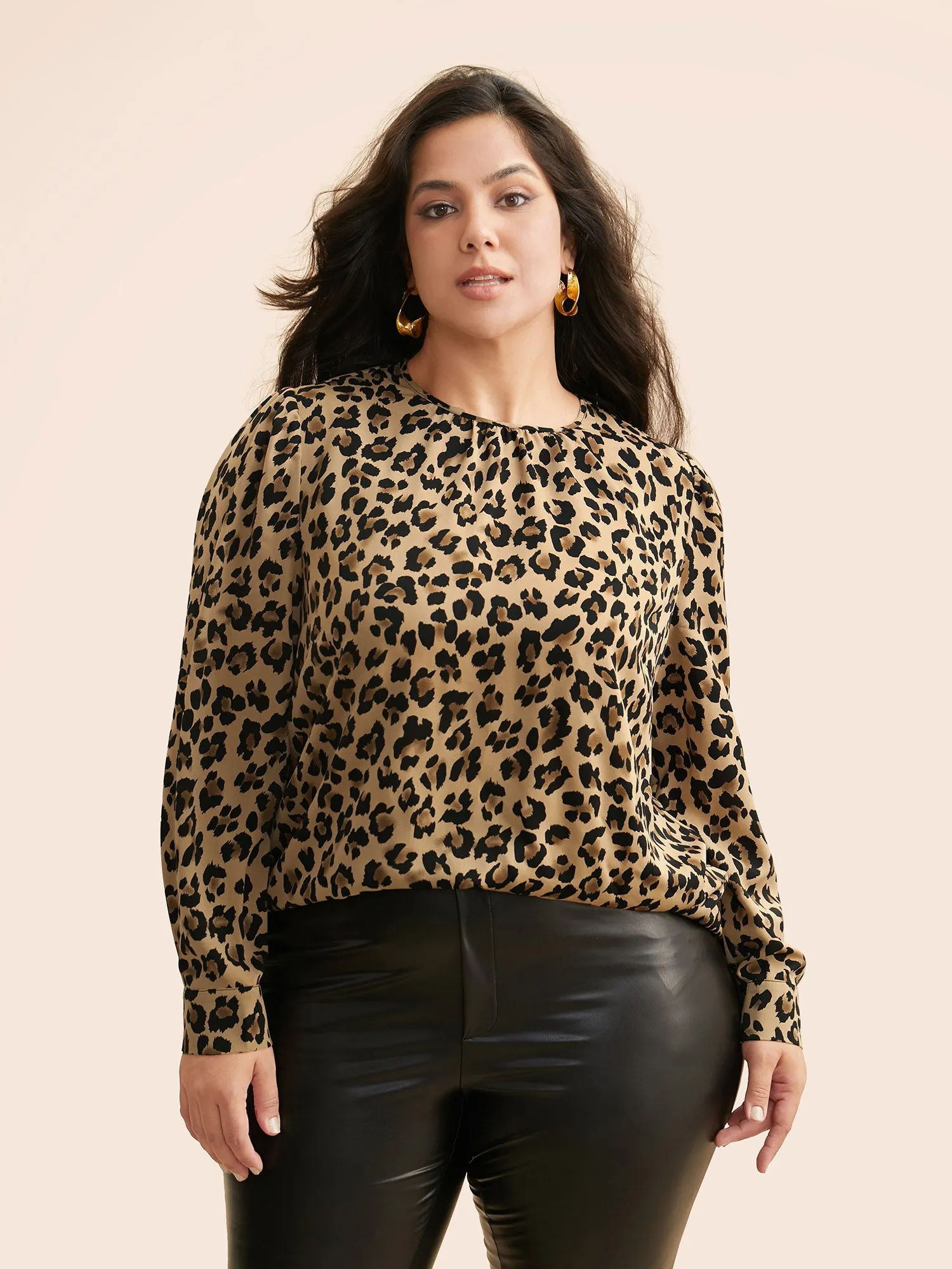 Leopard Print Mock Neck Gathered Blouse sold by Bloomchic product image thumbnail 5