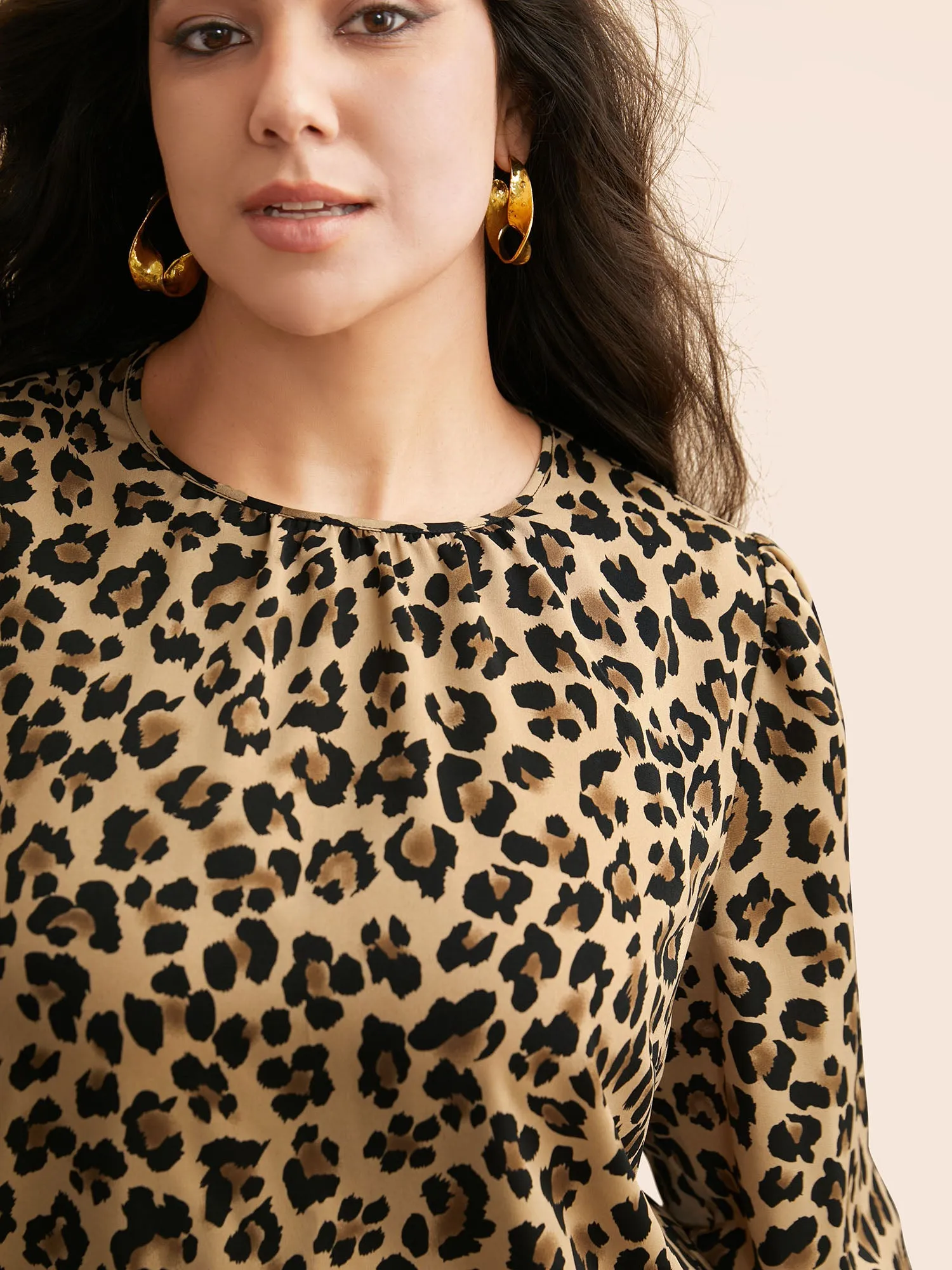 Leopard Print Mock Neck Gathered Blouse sold by Bloomchic product image thumbnail 3