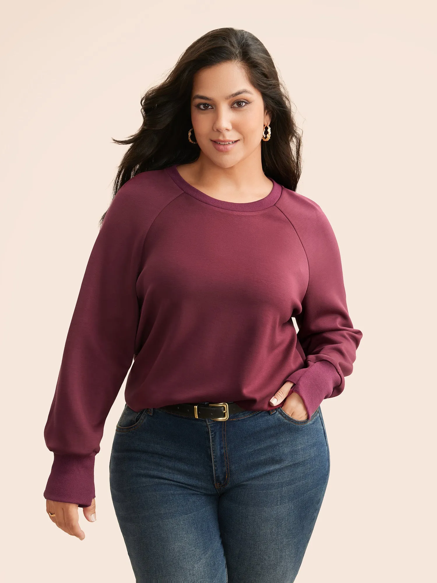 Solid Raglan Sleeve Slit Hem Sweatshirt sold by Bloomchic product image thumbnail 2