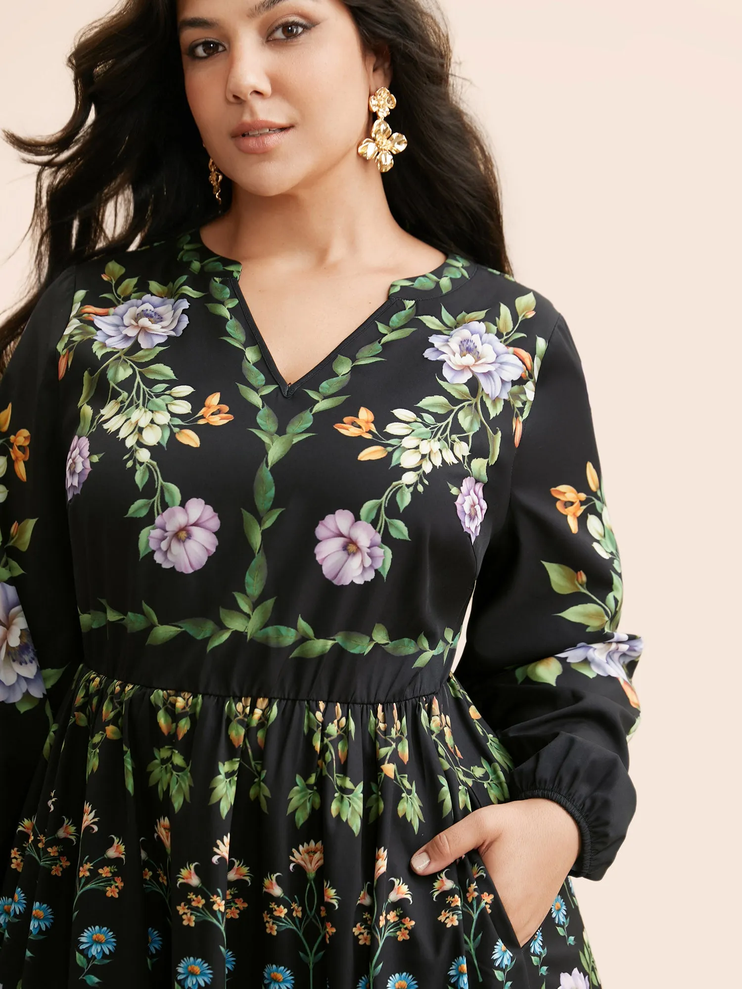 Floral Notched Collar Lantern Sleeve Dress sold by Bloomchic product image thumbnail 2