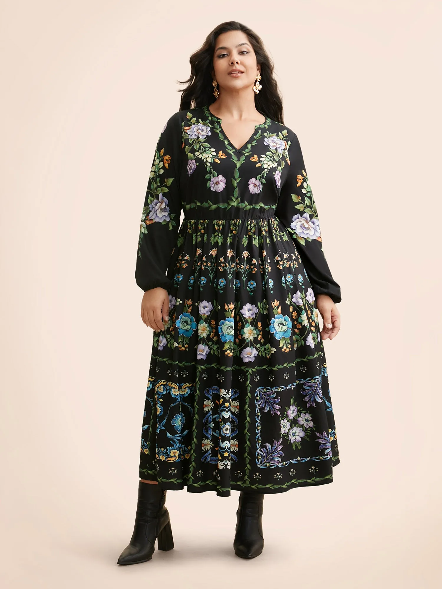 Floral Notched Collar Lantern Sleeve Dress sold by Bloomchic