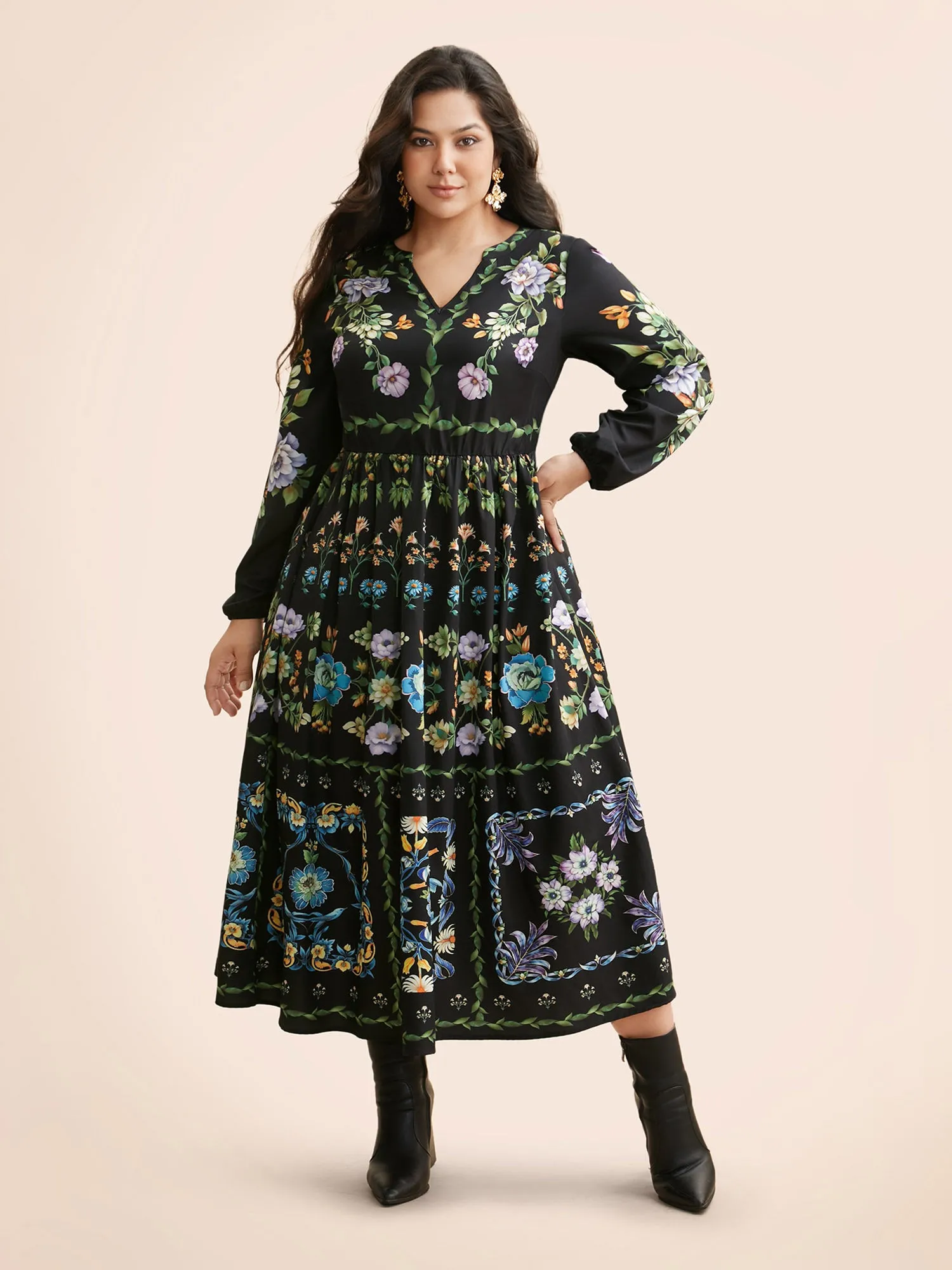 Floral Notched Collar Lantern Sleeve Dress sold by Bloomchic product image thumbnail 3