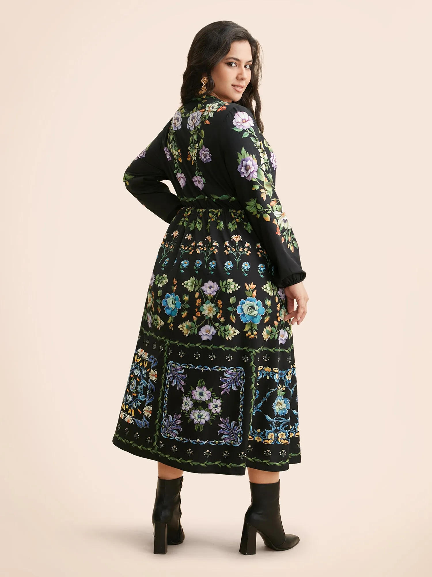 Floral Notched Collar Lantern Sleeve Dress sold by Bloomchic product image thumbnail 5