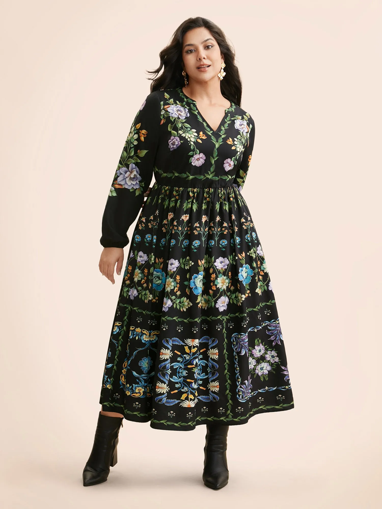 Floral Notched Collar Lantern Sleeve Dress sold by Bloomchic product image thumbnail 4