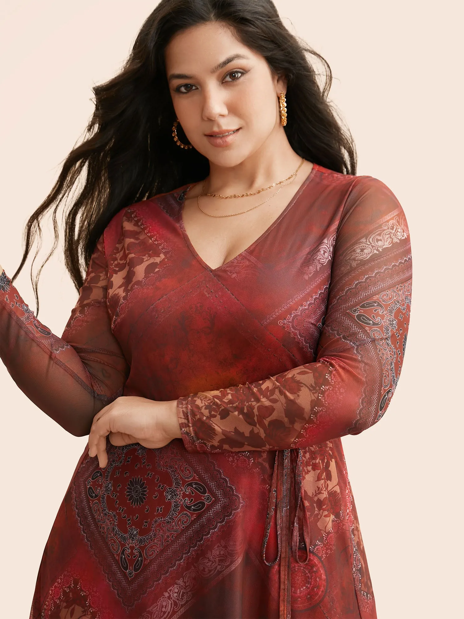 Boho Print Belted Mesh Midi Dress sold by Bloomchic product image thumbnail 4