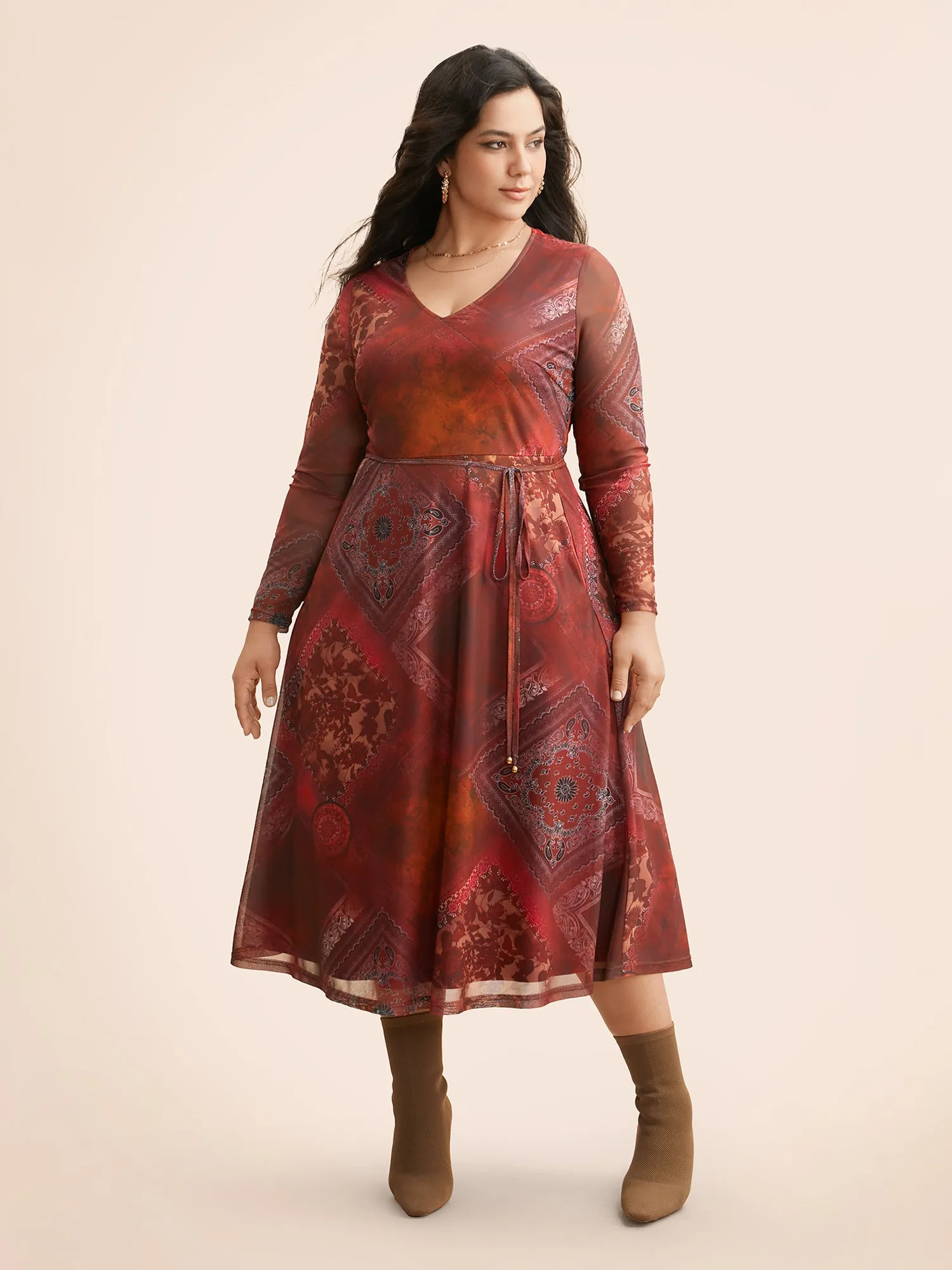 Boho Print Belted Mesh Midi Dress sold by Bloomchic product image thumbnail 3