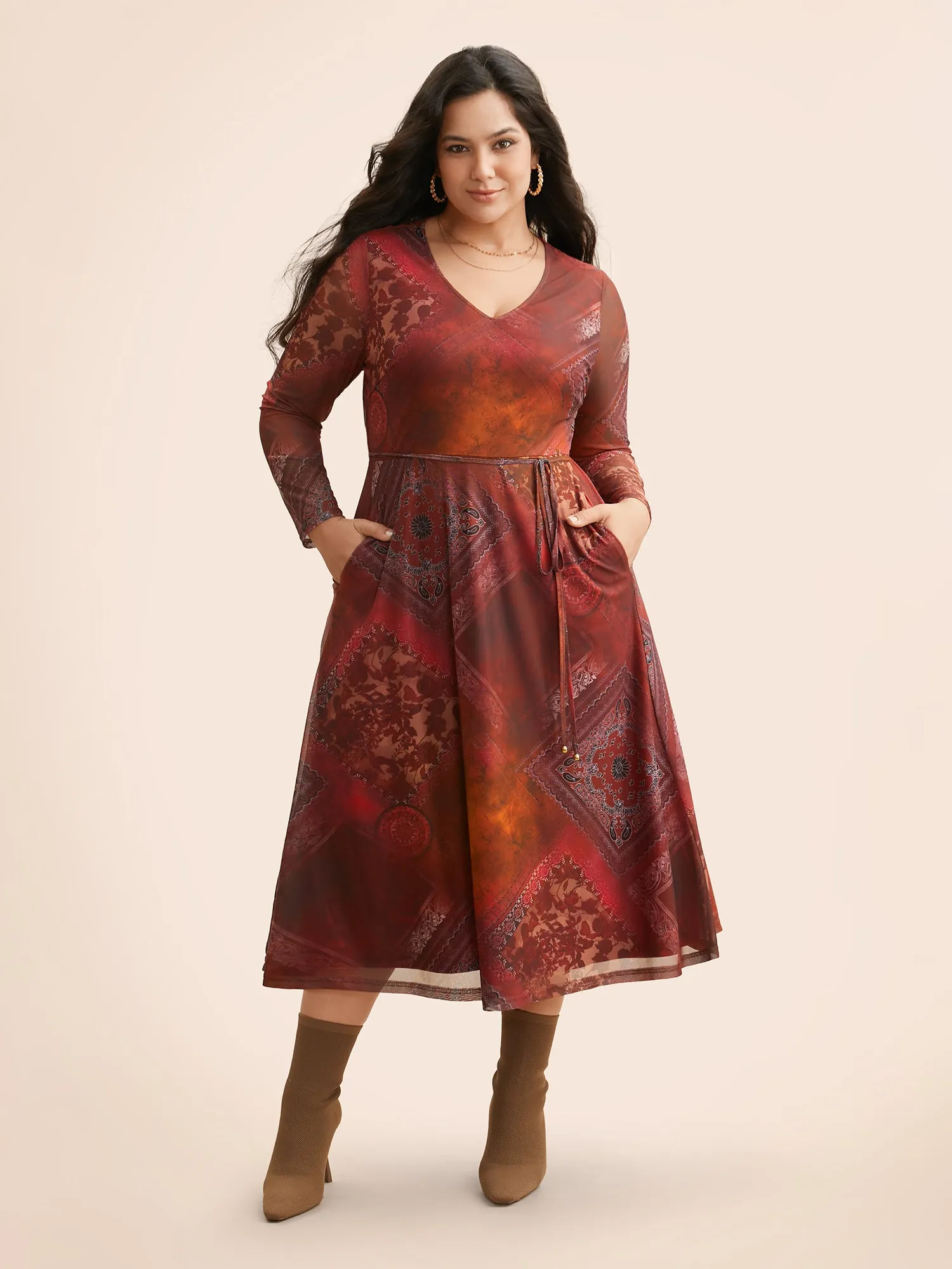 Boho Print Belted Mesh Midi Dress sold by Bloomchic product image thumbnail 2