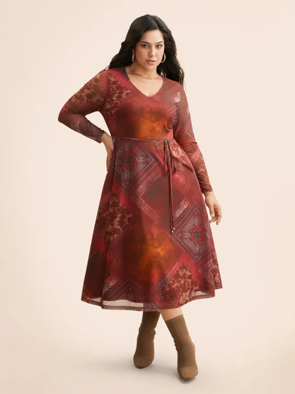 Boho Print Belted Mesh Midi Dress sold by Bloomchic