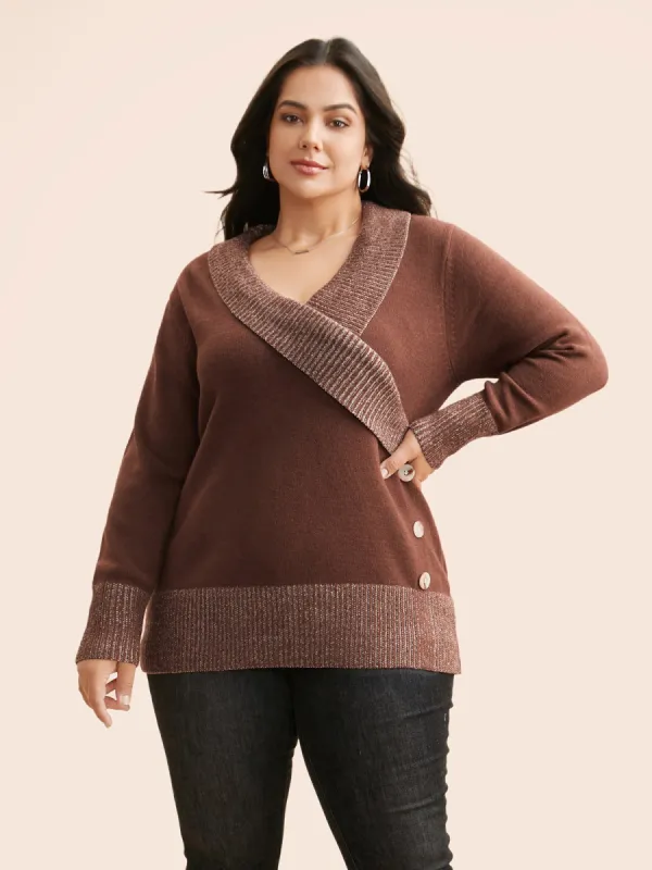 Overlap Collar Contrast Button Detail Pullover sold by Bloomchic