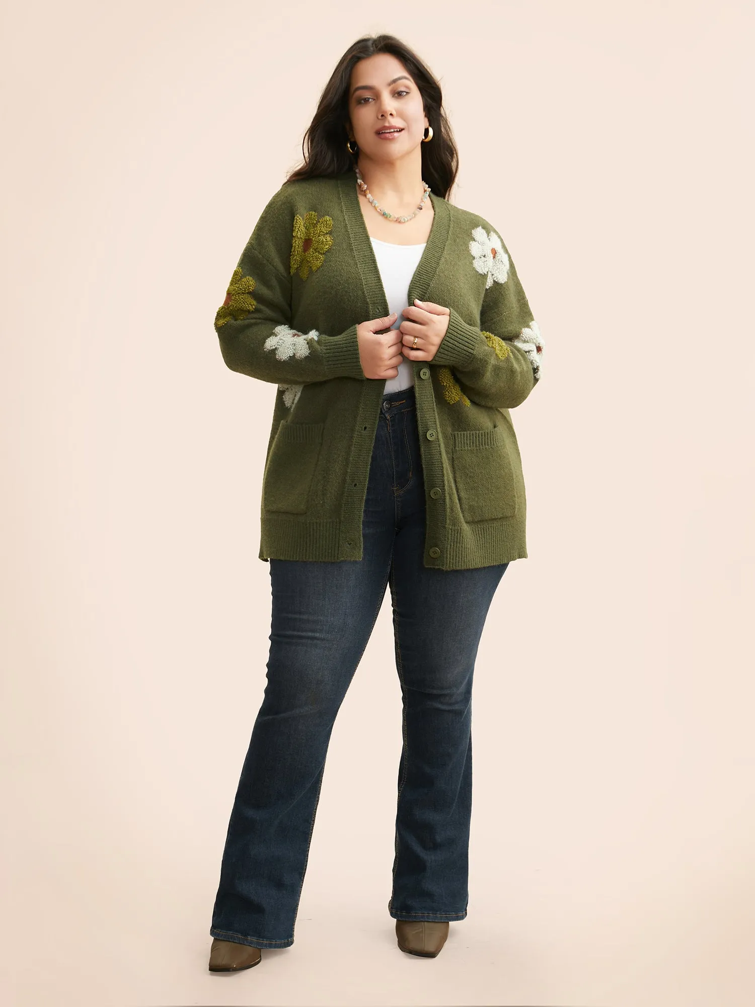 Floral Texture Slit Hem Patch Pocket Cardigan sold by Bloomchic product image thumbnail 4