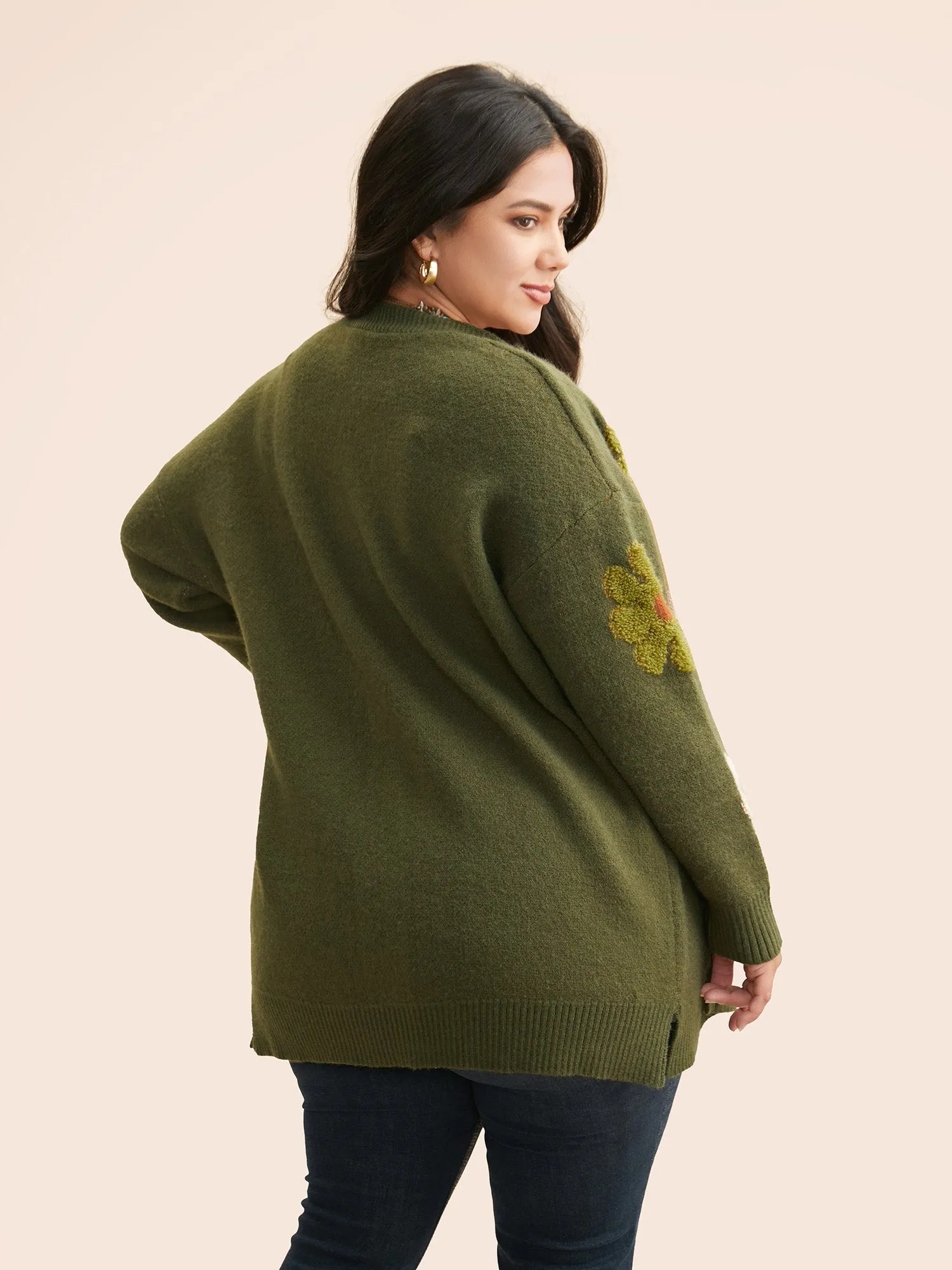 Floral Texture Slit Hem Patch Pocket Cardigan sold by Bloomchic product image thumbnail 2