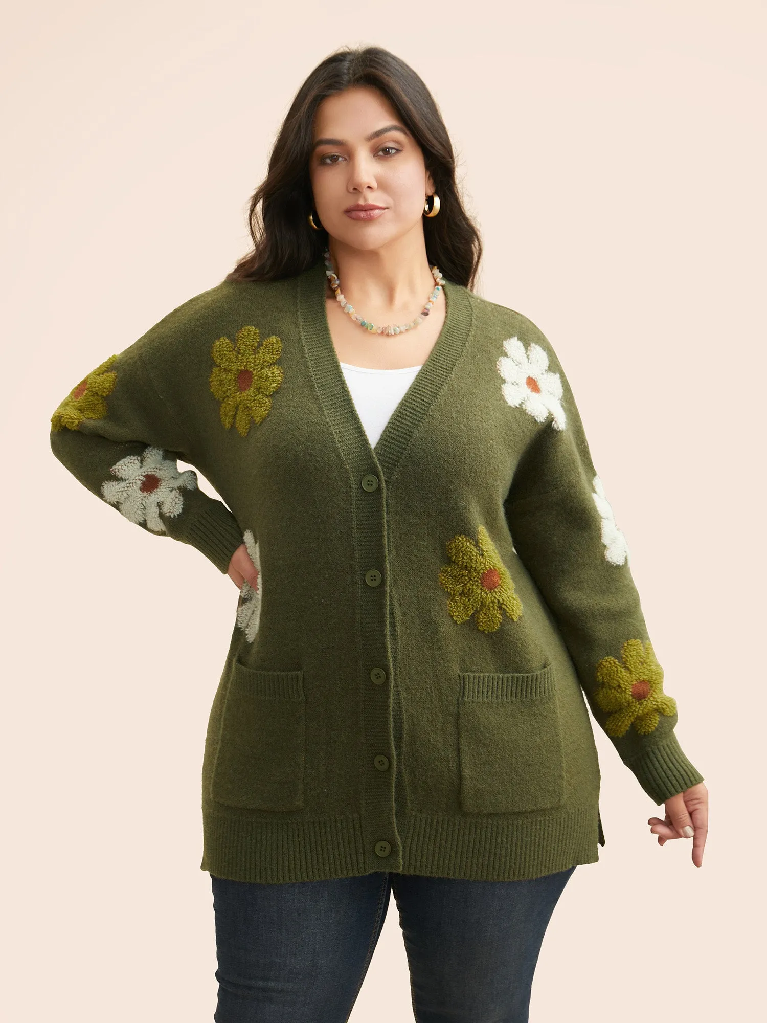 Floral Texture Slit Hem Patch Pocket Cardigan sold by Bloomchic product image thumbnail 3