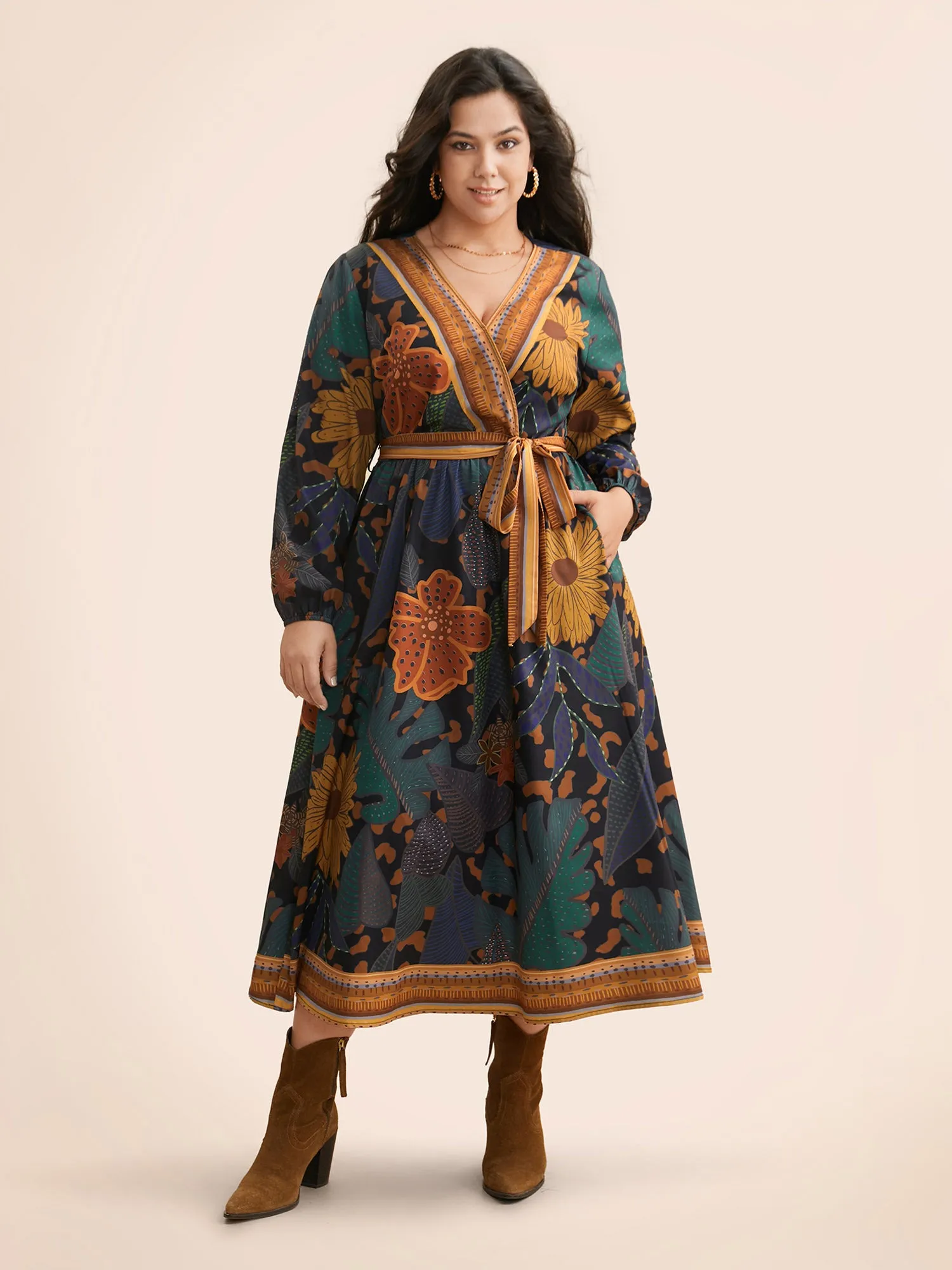 Boho Print Belted Lantern Sleeve Dress sold by Bloomchic