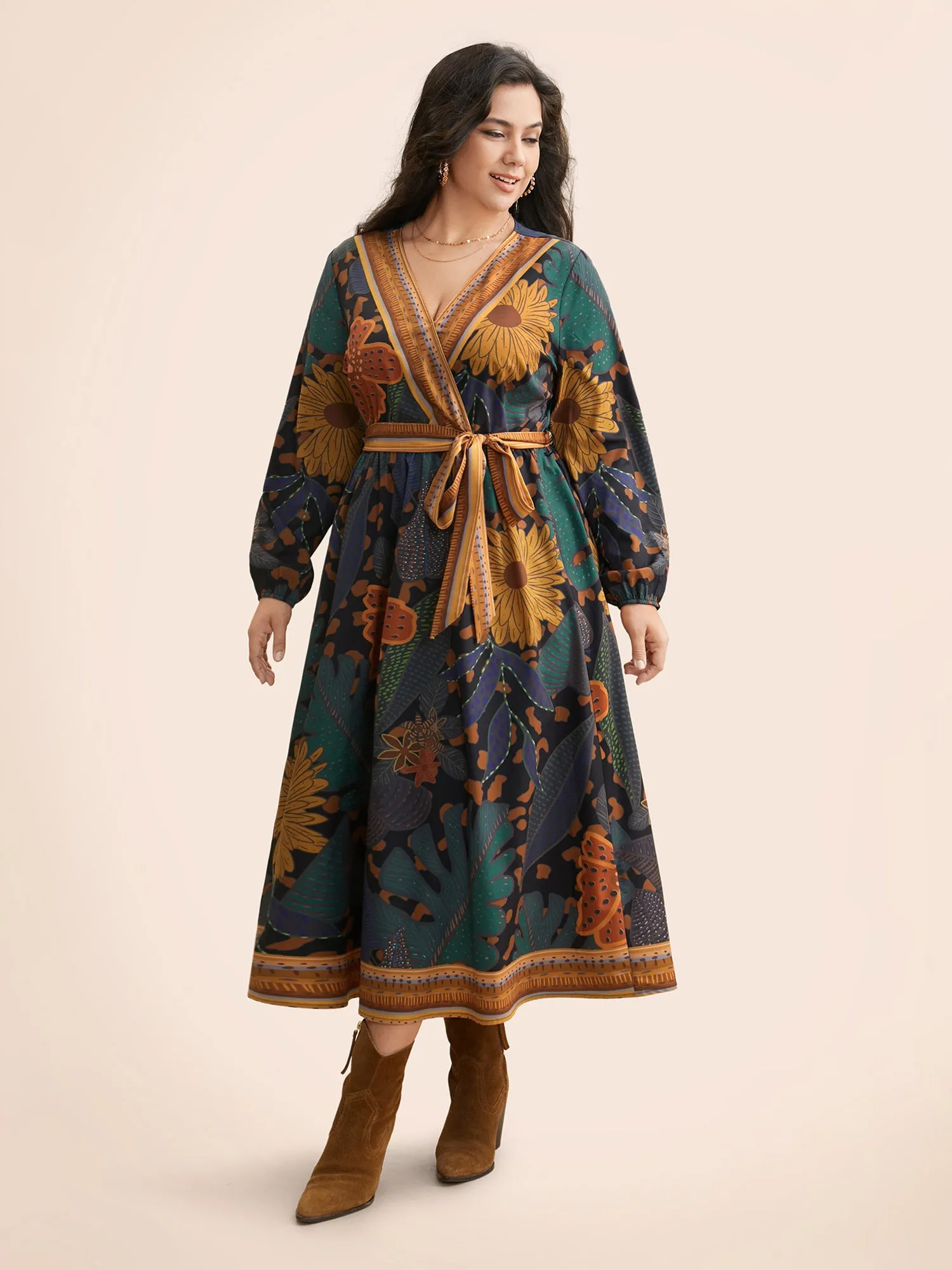 Boho Print Belted Lantern Sleeve Dress sold by Bloomchic product image thumbnail 4