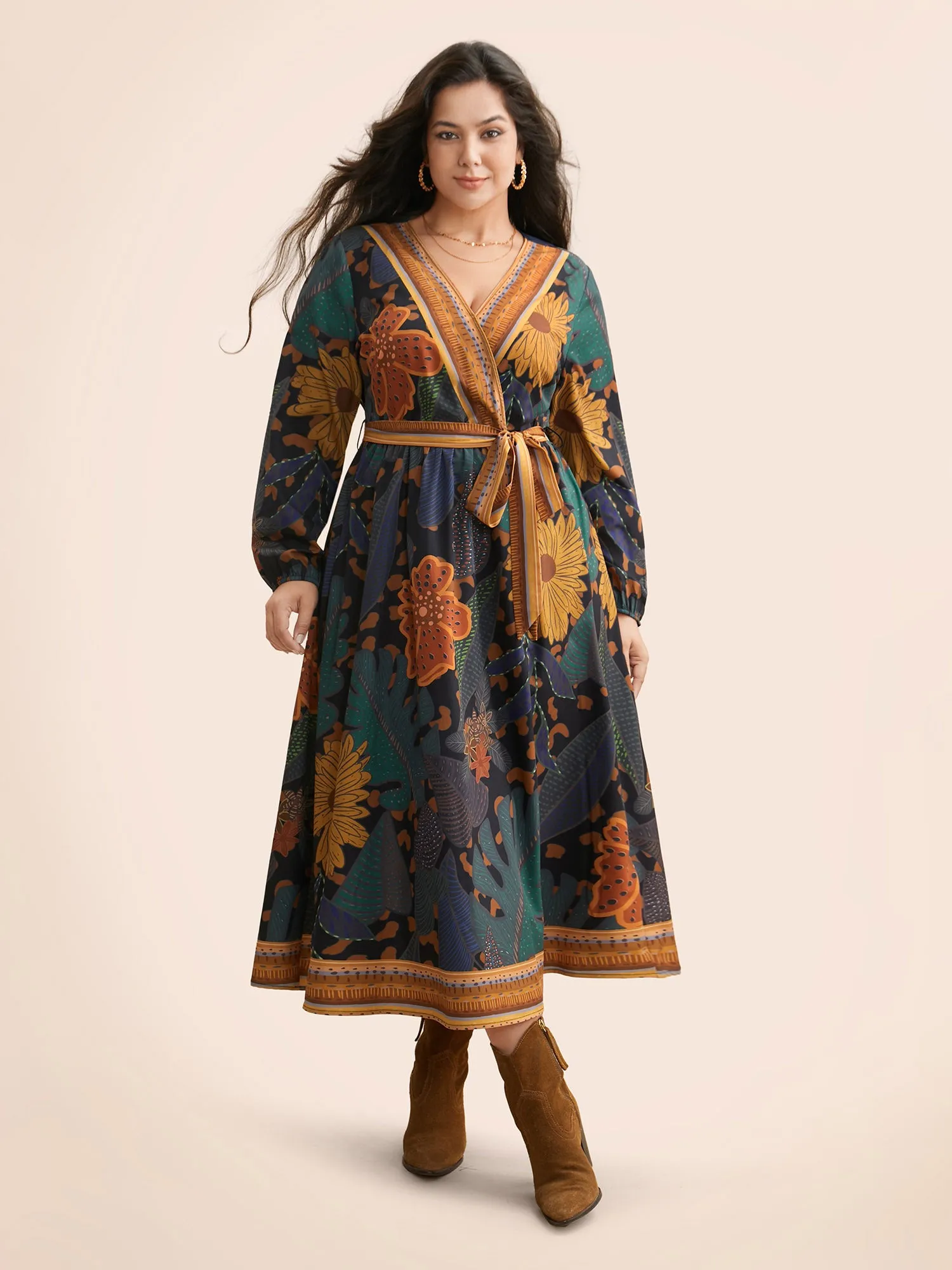 Boho Print Belted Lantern Sleeve Dress sold by Bloomchic product image thumbnail 3