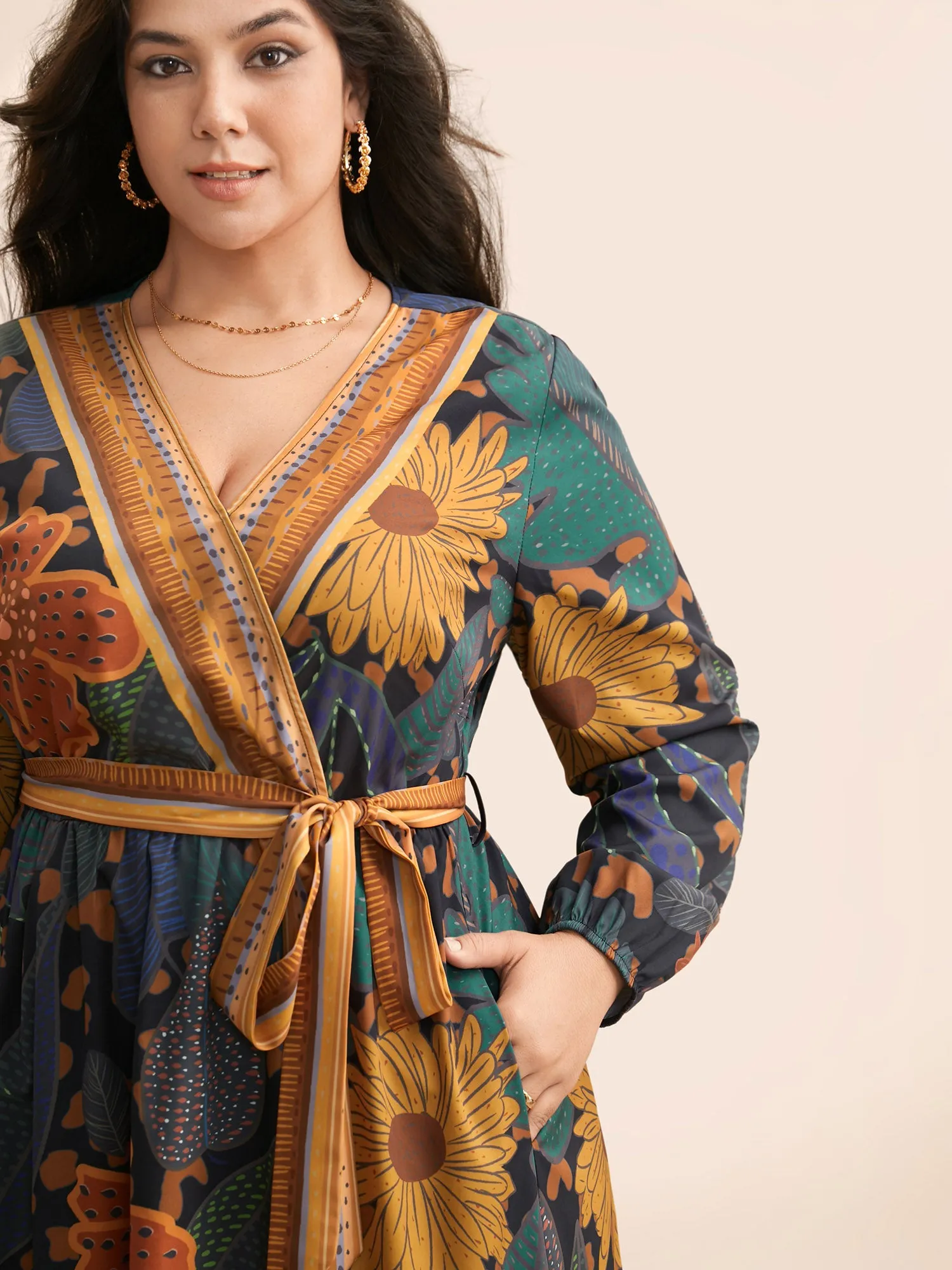 Boho Print Belted Lantern Sleeve Dress sold by Bloomchic product image thumbnail 2