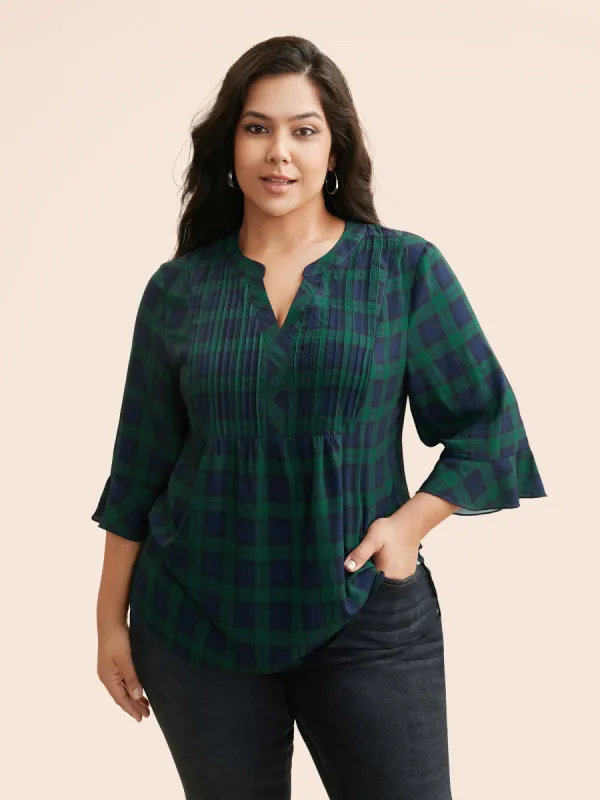 Notched Plaid Ruffles Pleated Blouse sold by Bloomchic