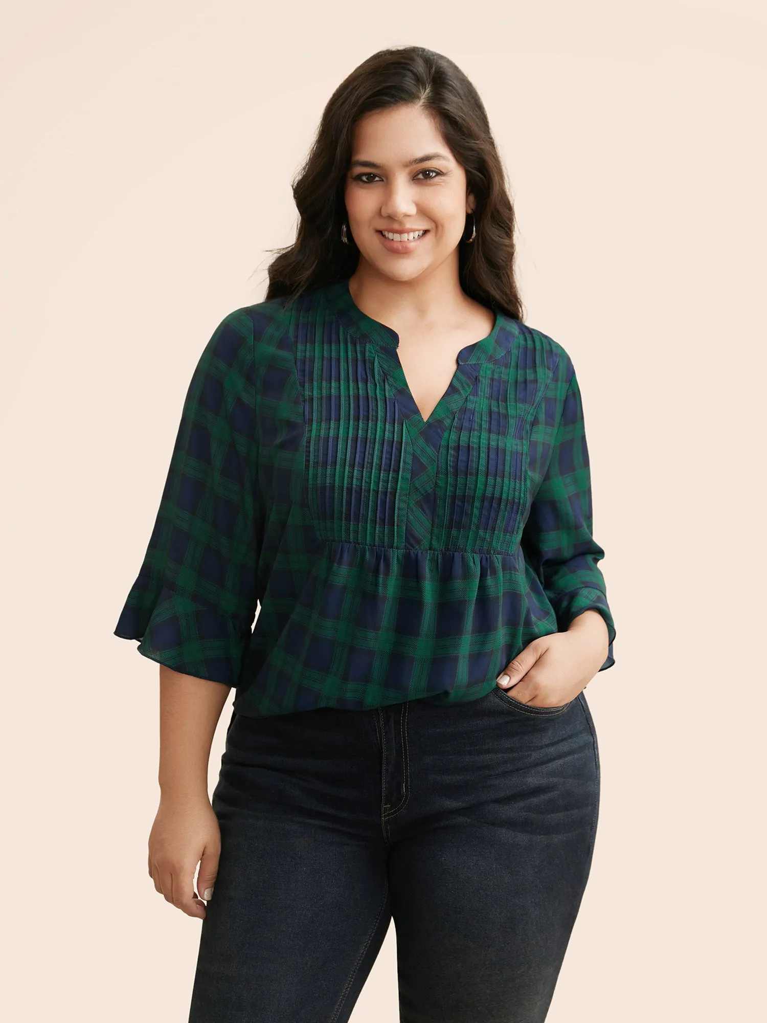 Notched Plaid Ruffles Pleated Blouse sold by Bloomchic product image thumbnail 5