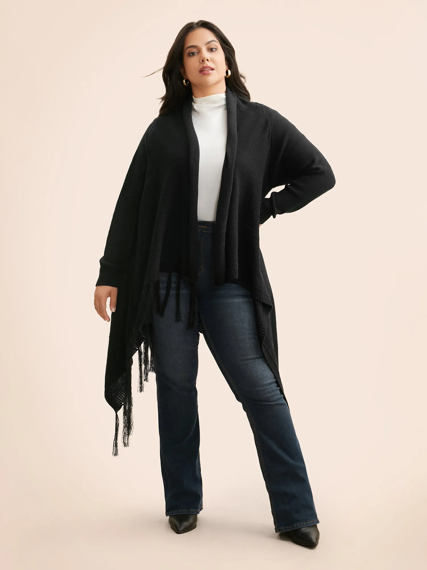 Texture Tassel Trim Asymmetrical Hem Cardigan sold by Bloomchic product image thumbnail 3