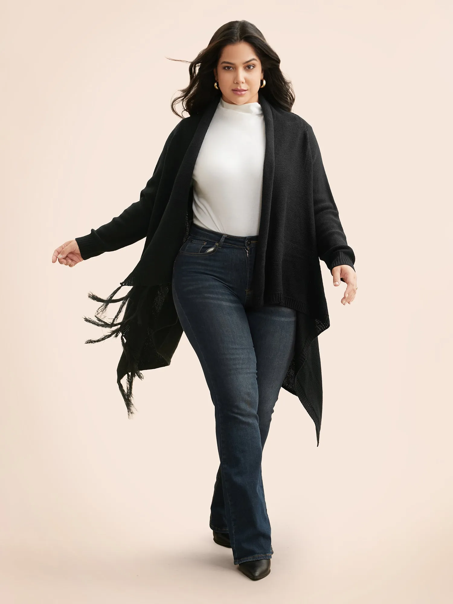 Texture Tassel Trim Asymmetrical Hem Cardigan sold by Bloomchic product image thumbnail 2