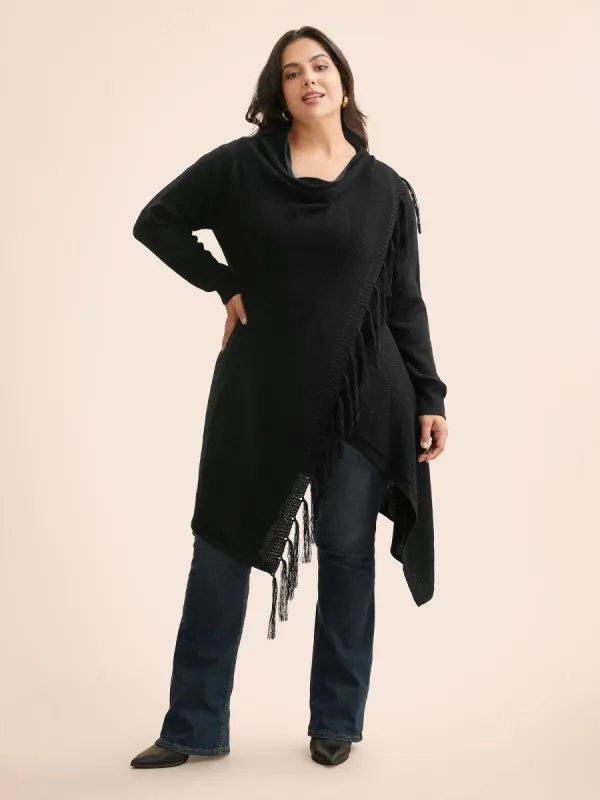 Texture Tassel Trim Asymmetrical Hem Cardigan sold by Bloomchic