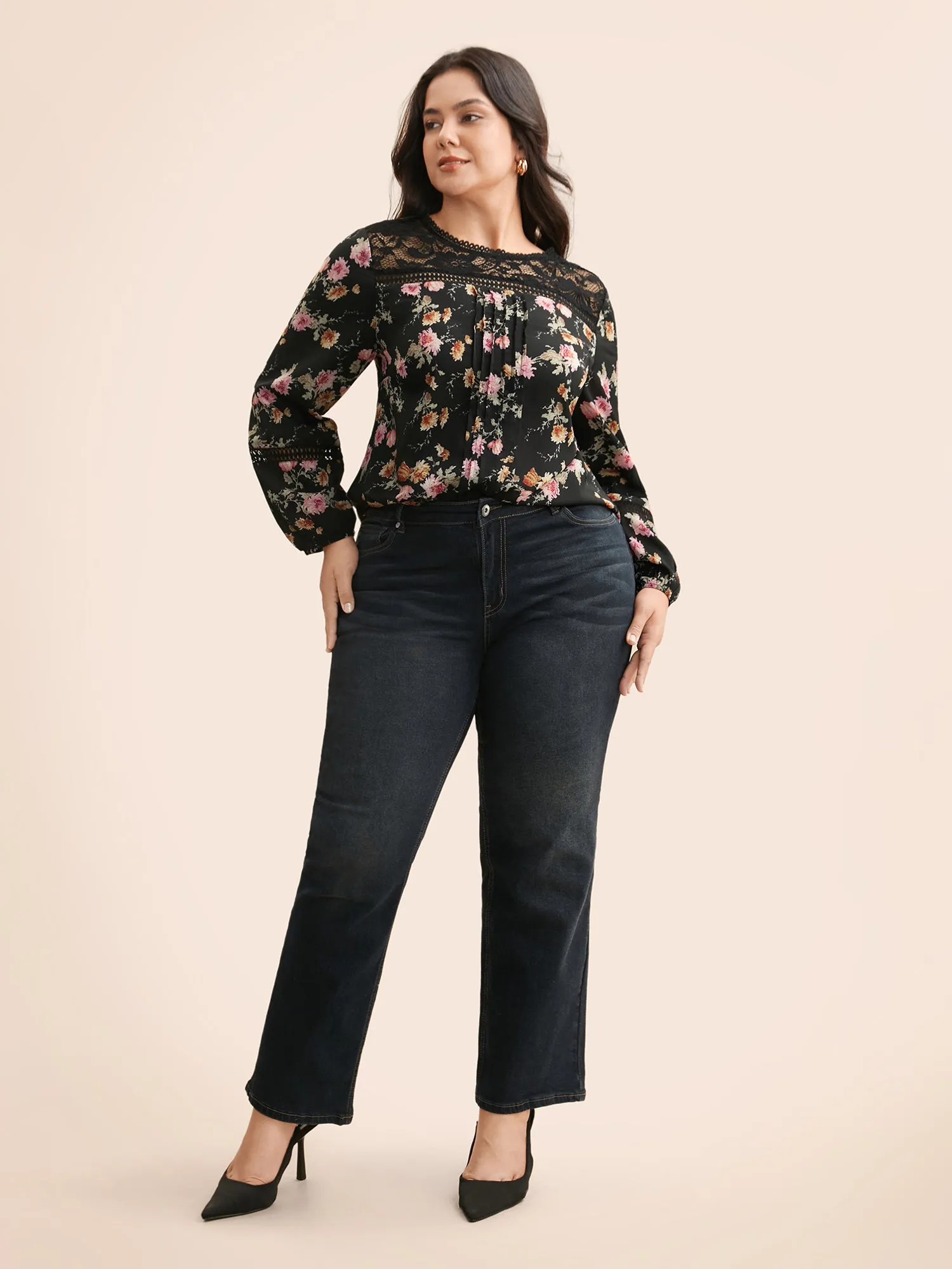 Floral Lace Panel Lantern Sleeve Blouse sold by Bloomchic product image thumbnail 2