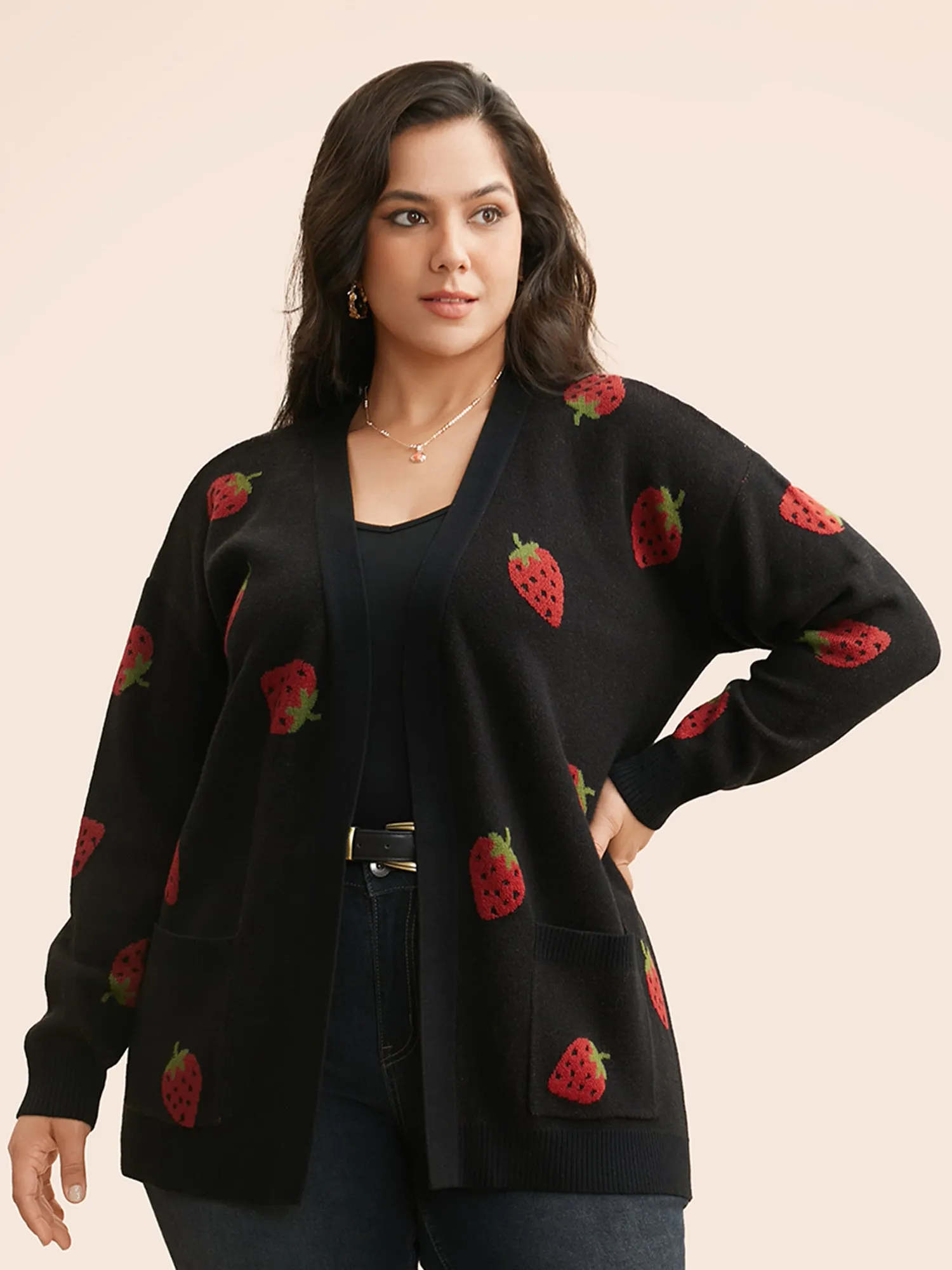 Strawberry Jacquard Patch Pocket Cardigan sold by Bloomchic product image thumbnail 3
