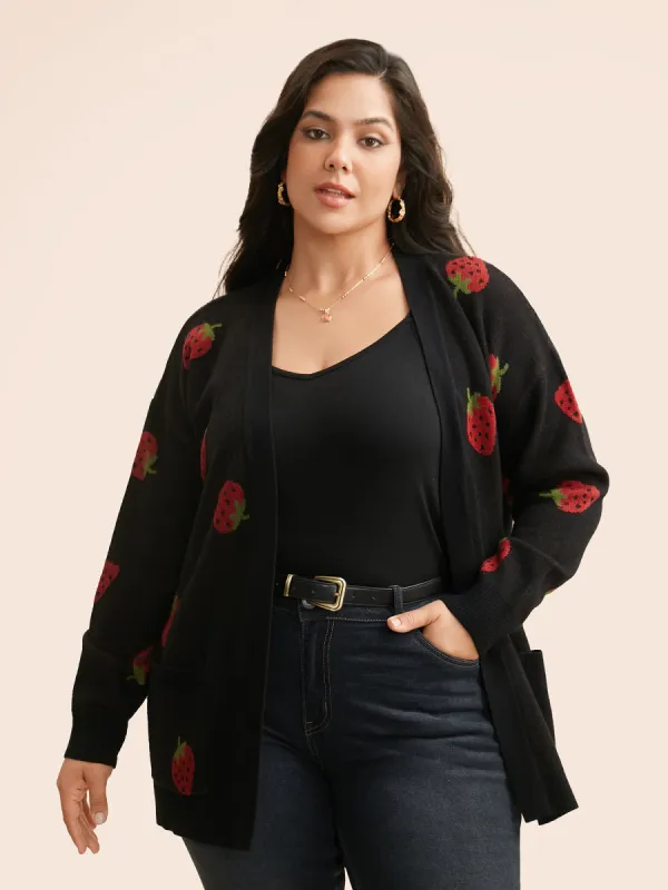 Strawberry Jacquard Patch Pocket Cardigan sold by Bloomchic