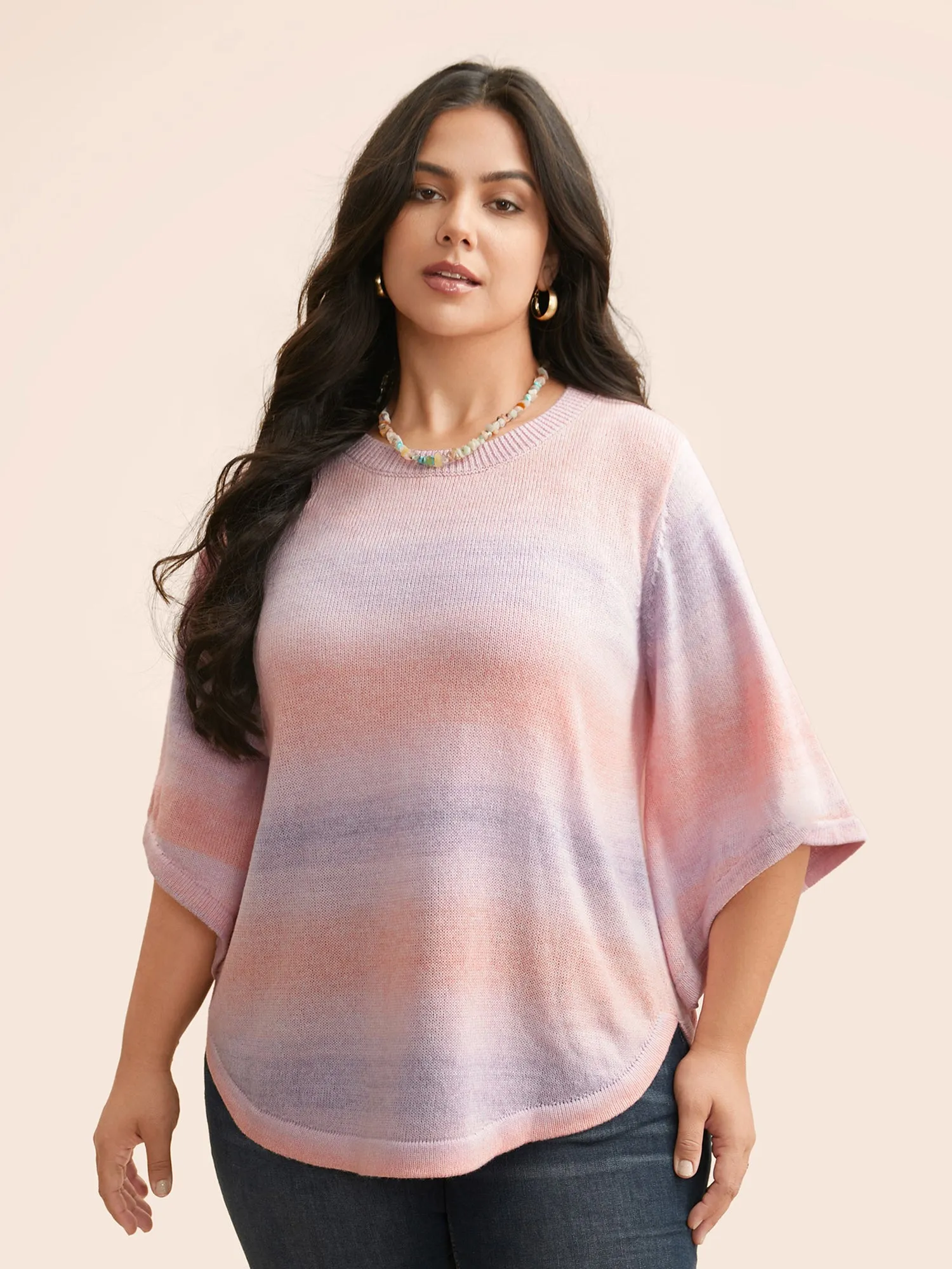 Ombre Round Neck Curved Hem Pullover sold by Bloomchic