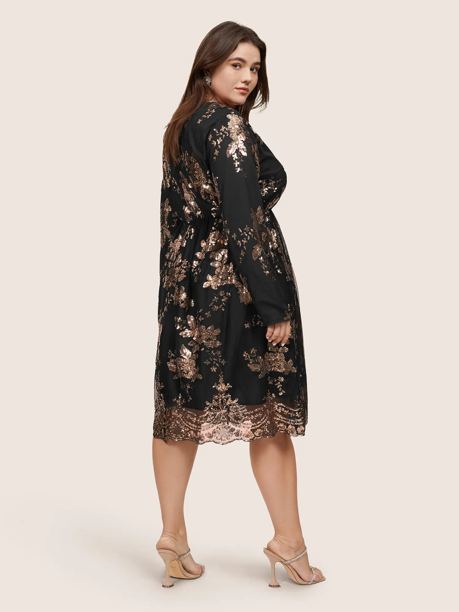 Floral Sequin Elastic Waist Mesh Wrap Dress sold by Bloomchic product image thumbnail 4