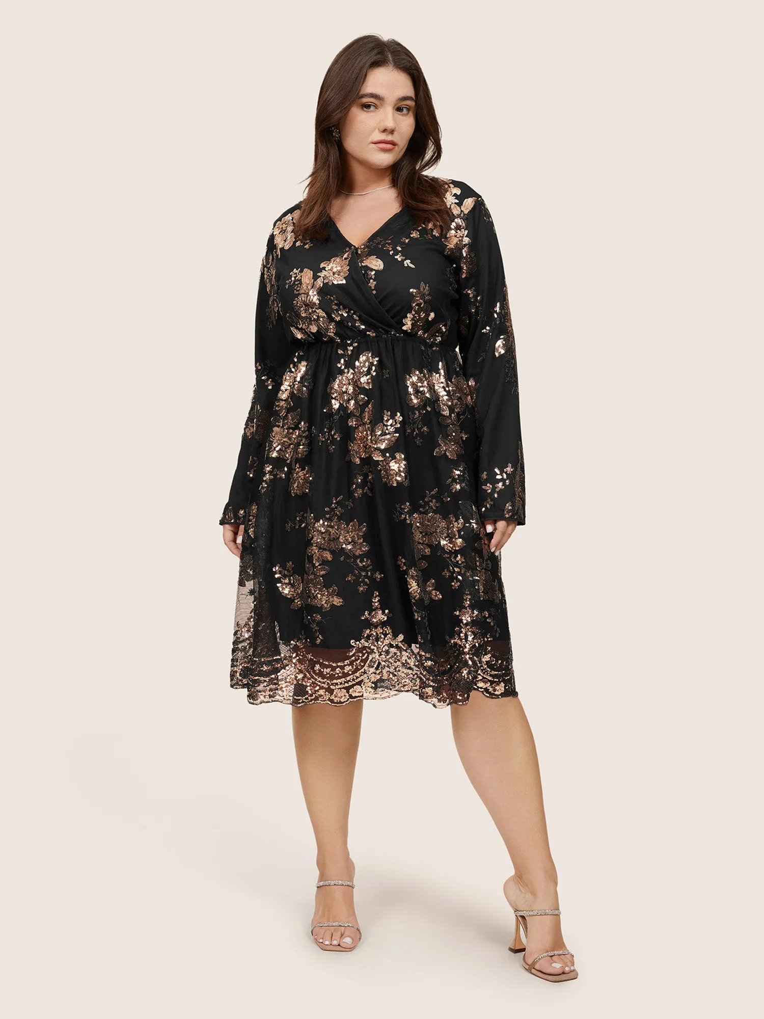 Floral Sequin Elastic Waist Mesh Wrap Dress sold by Bloomchic
