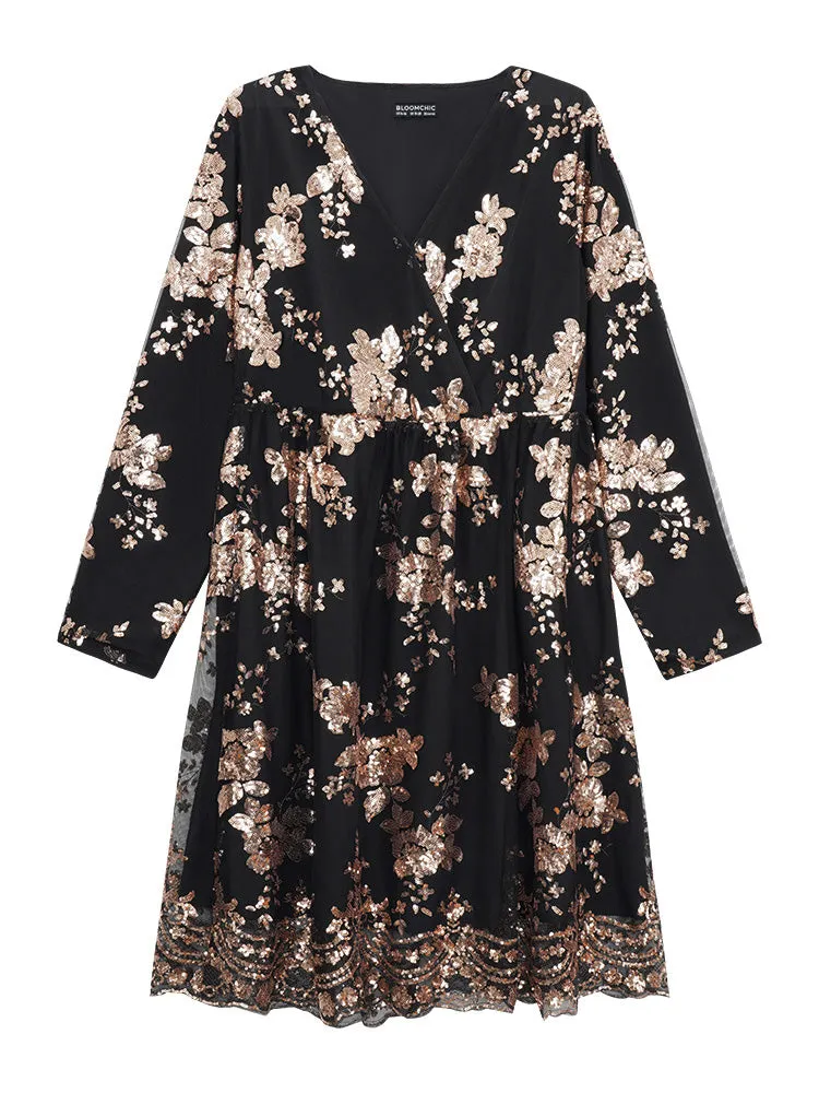 Floral Sequin Elastic Waist Mesh Wrap Dress sold by Bloomchic product image thumbnail 5