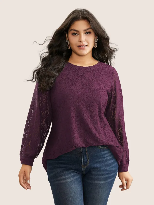 Solid Crochet Lace Mesh Crew Neck Blouse sold by Bloomchic