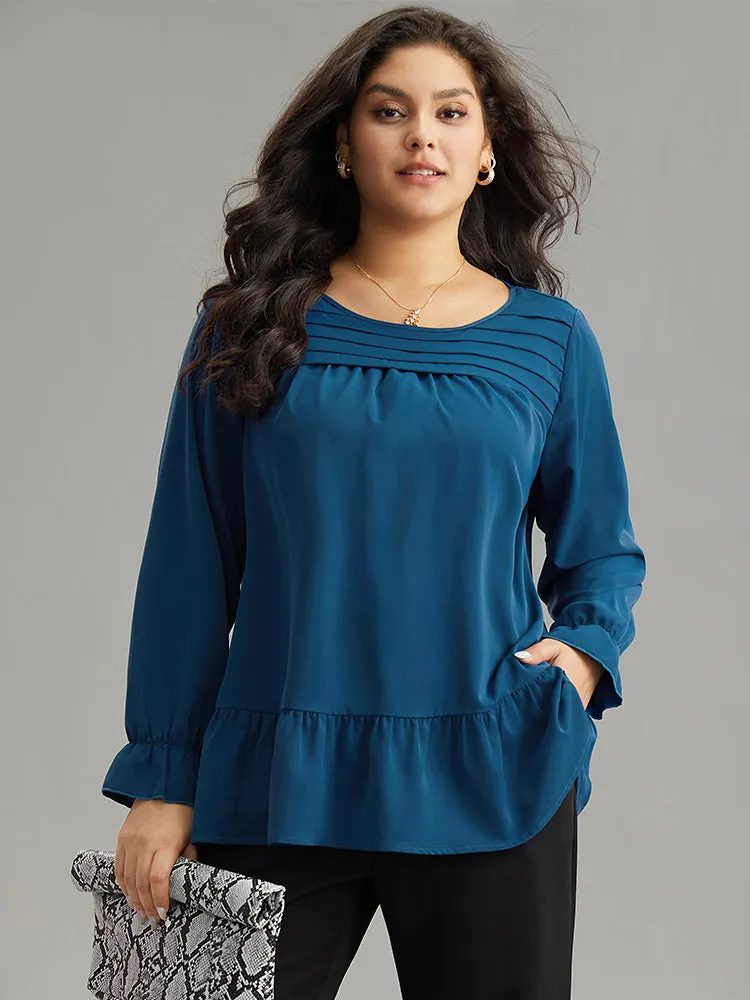 Static-Free Plain Pleated Ruffles Lantern Sleeve Blouse sold by Bloomchic
