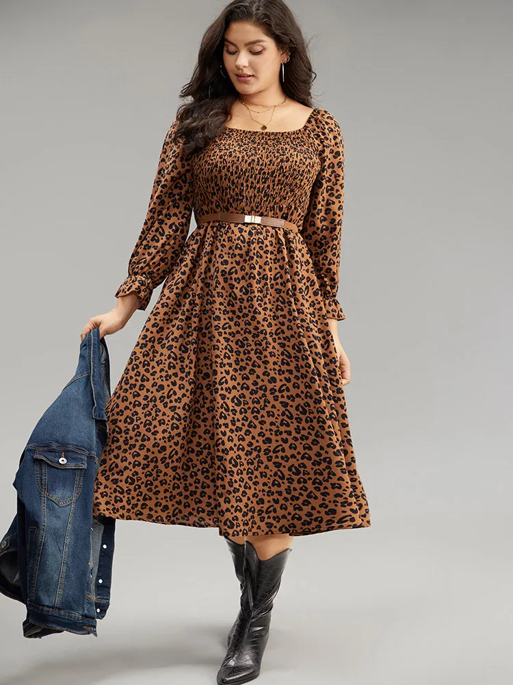 Leopard Print Shirred Square Neck Pocket Dress sold by Bloomchic product image thumbnail 5