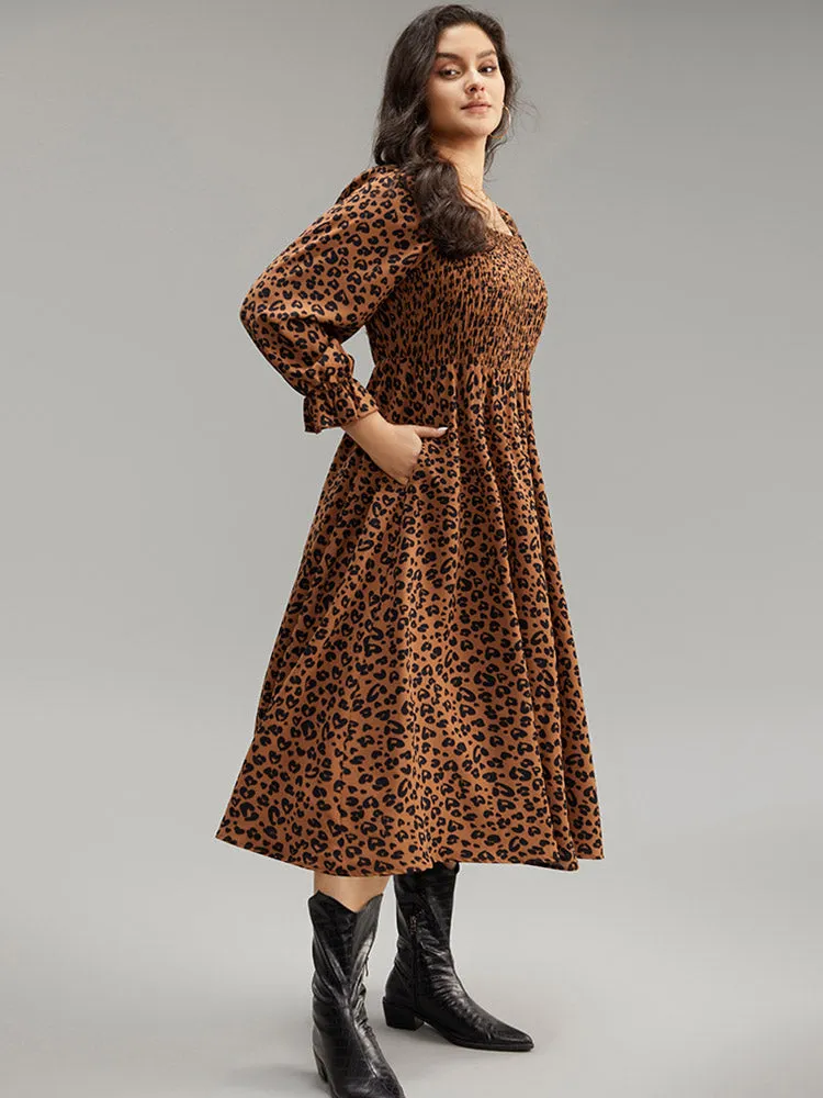 Leopard Print Shirred Square Neck Pocket Dress sold by Bloomchic product image thumbnail 3