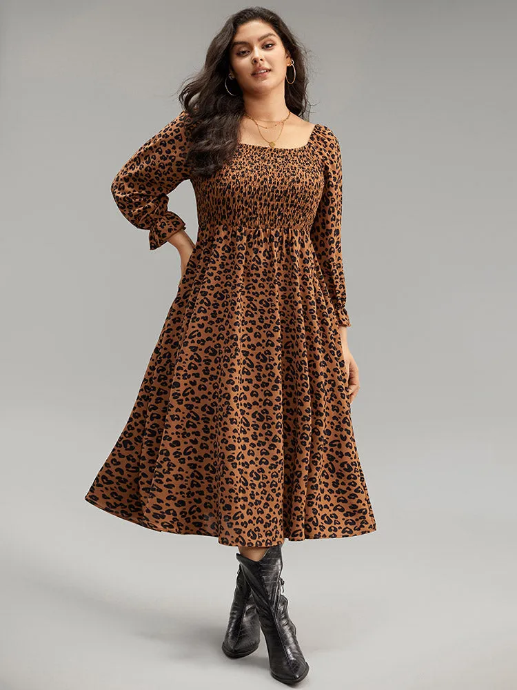 Leopard Print Shirred Square Neck Pocket Dress sold by Bloomchic