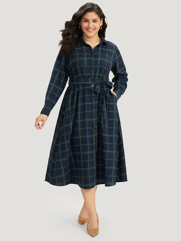 Plaid Shirt Collar Button Fly Belted Dress sold by Bloomchic