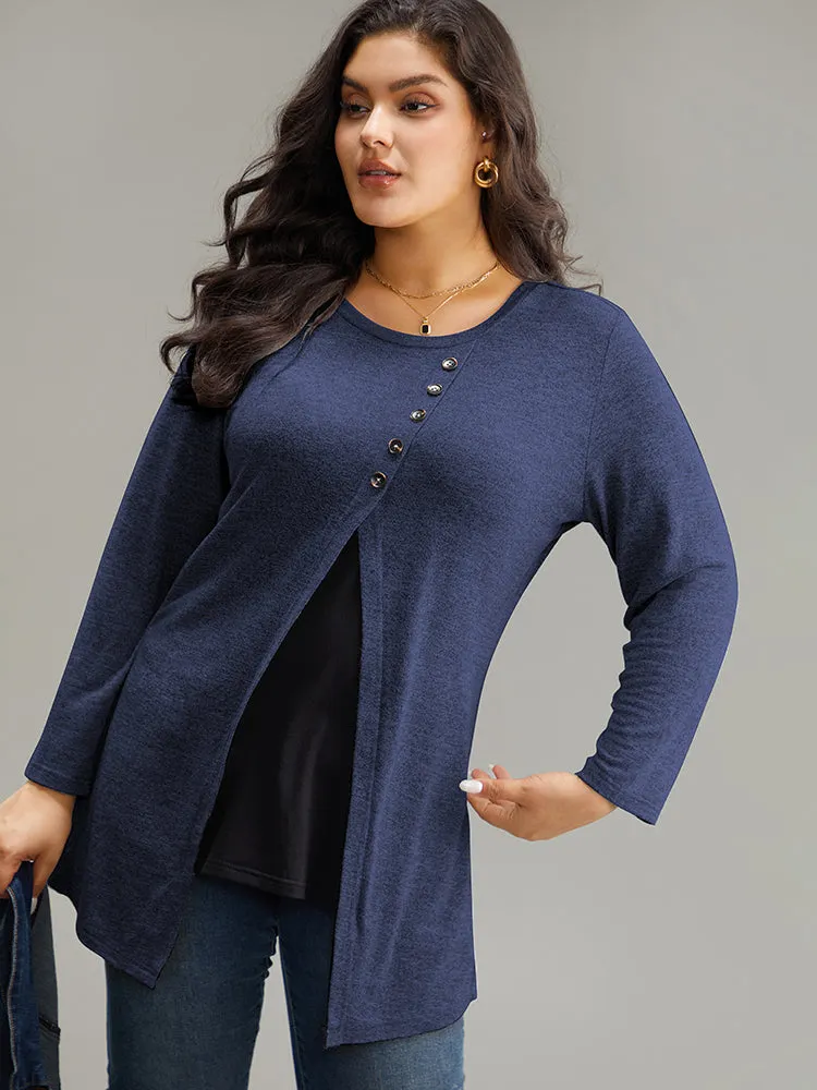 Contrast Patchwork Crew Neck Button Detail T-shirt sold by Bloomchic product image thumbnail 2