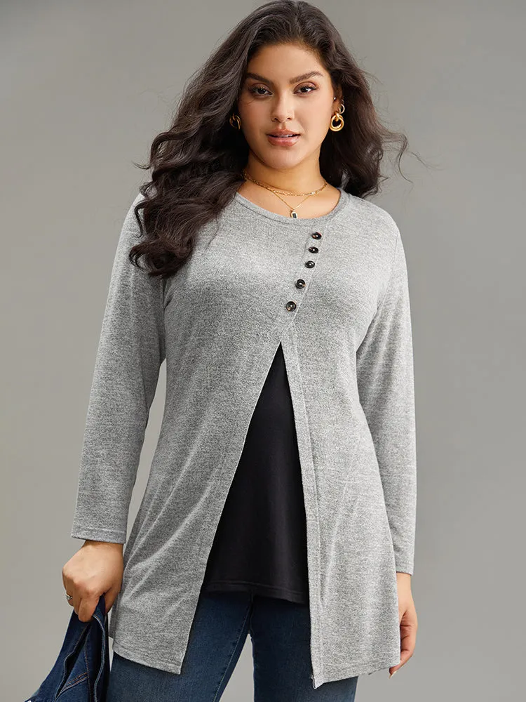 Contrast Patchwork Crew Neck Button Detail T-shirt sold by Bloomchic product image thumbnail 5