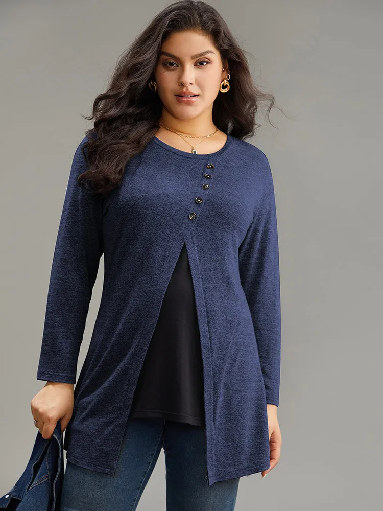 Contrast Patchwork Crew Neck Button Detail T-shirt sold by Bloomchic