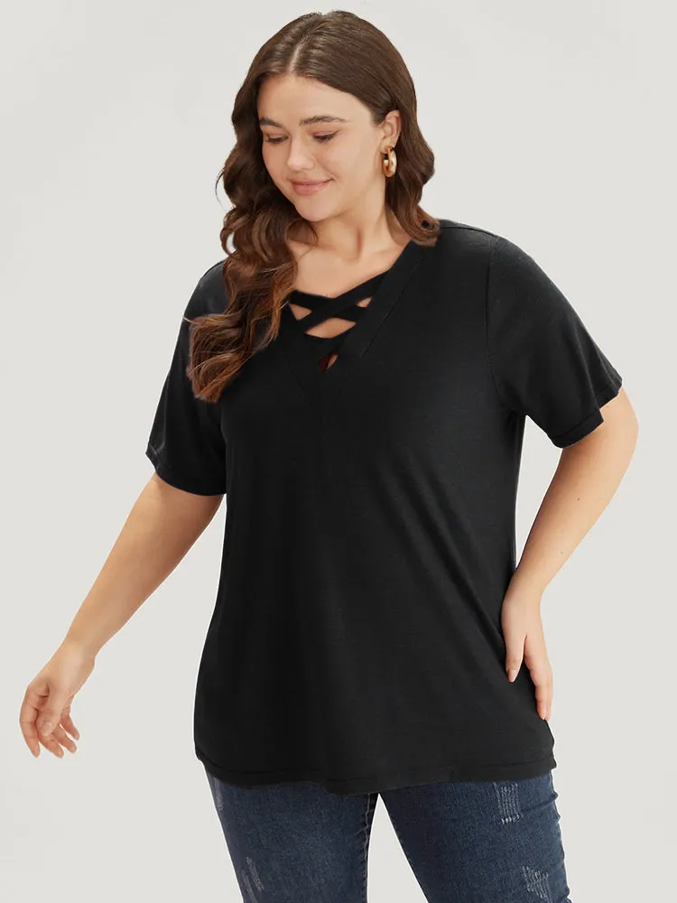 Plain Heather Crisscross V Neck T-shirt sold by Bloomchic product image thumbnail 2