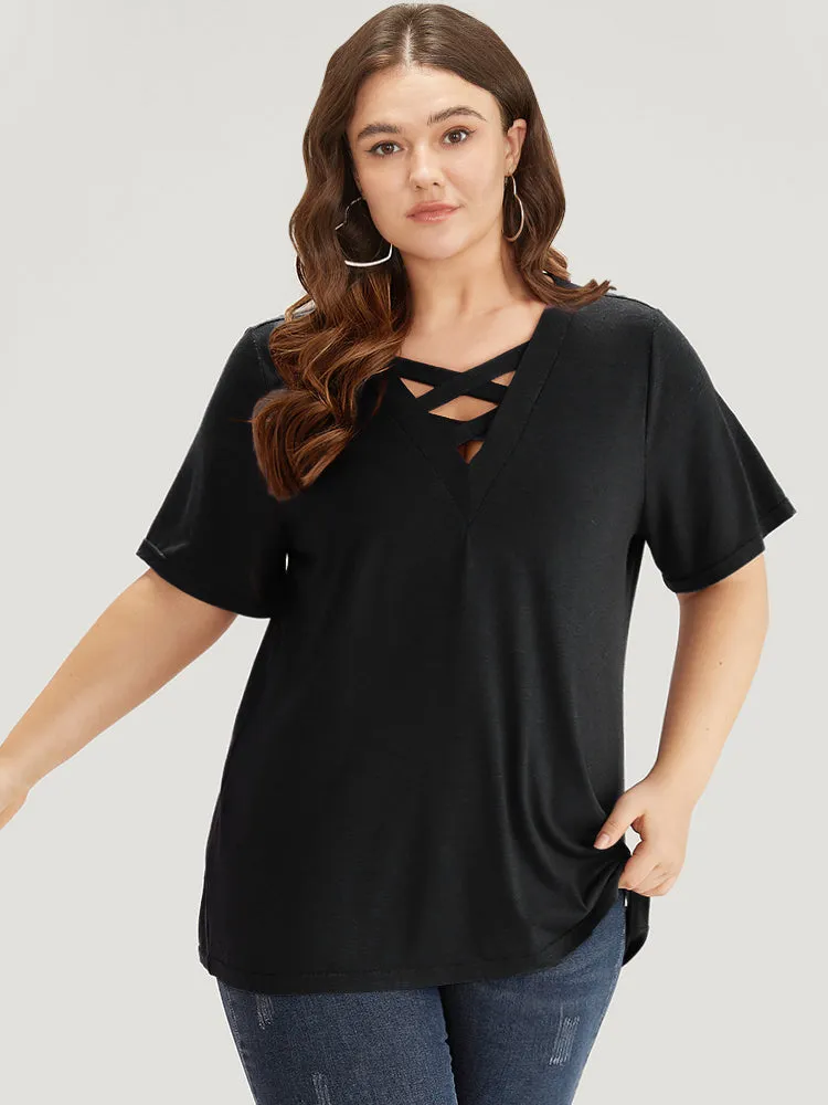Plain Heather Crisscross V Neck T-shirt sold by Bloomchic