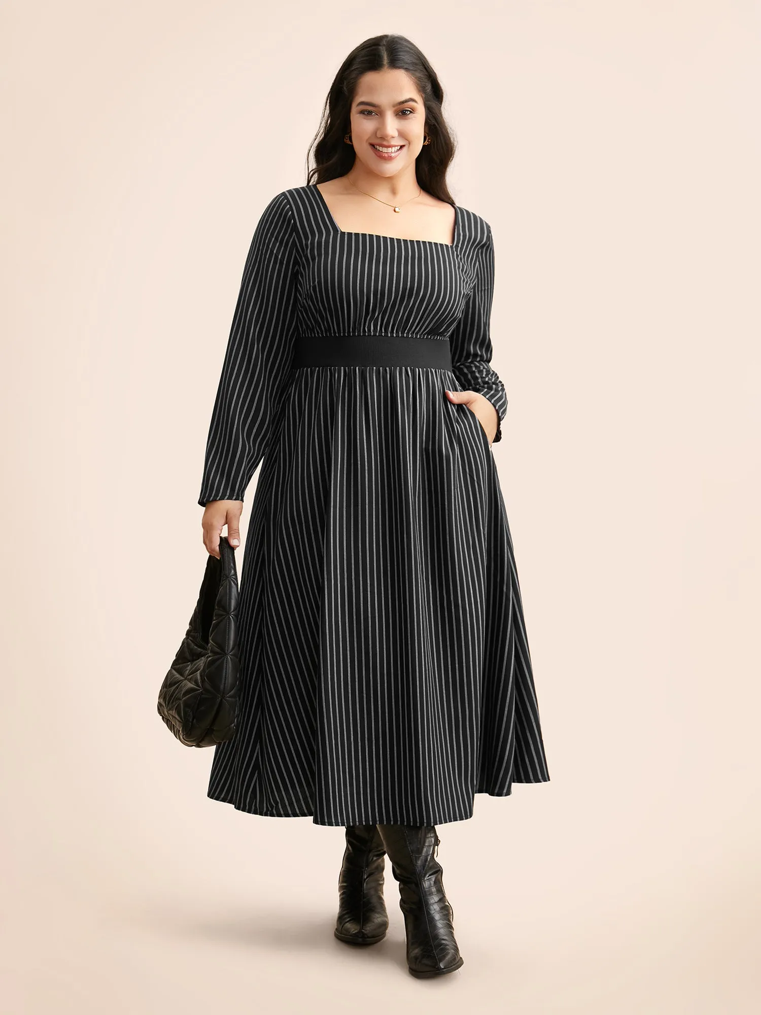 Square Neck Striped Patchwork Midi Dress sold by Bloomchic