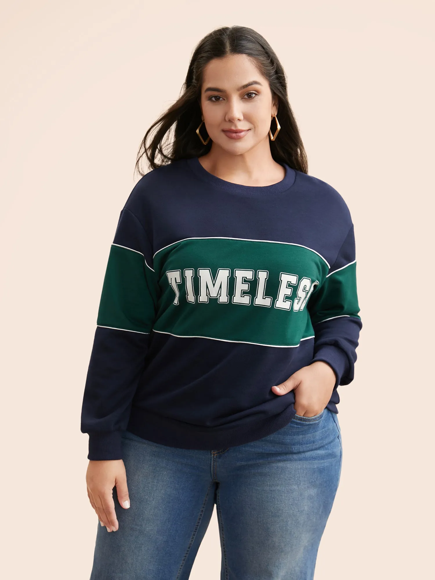 Crew Neck Letter Print Contrast Sweatshirt sold by Bloomchic