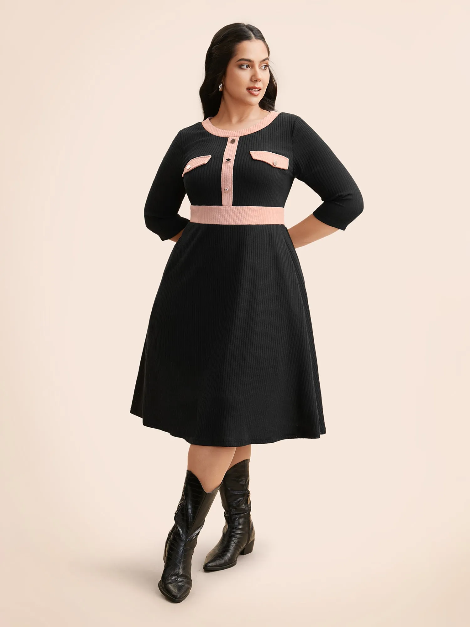 Contrast Texture Metal Detail Midi Dress sold by Bloomchic product image thumbnail 3